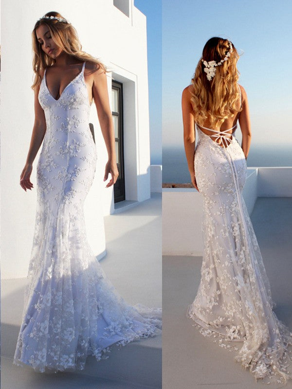 Wholesale Trumpet/Mermaid Spaghetti Straps Sleeveless Lace Court Train Wedding Dresses