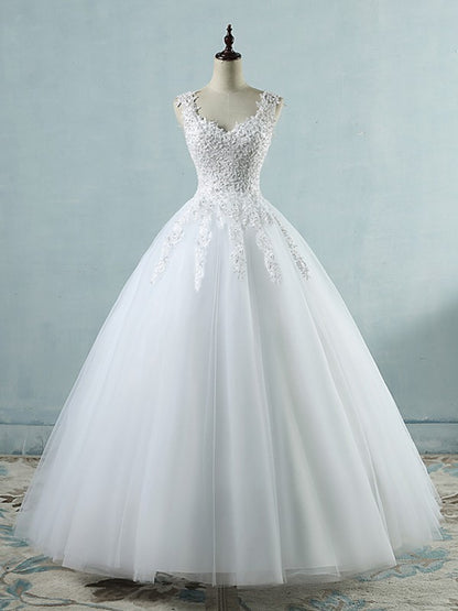 Wholesale Ball Gown V-neck Sleeveless Sweetheart Floor-Length Applique Tulle Wedding Dresses