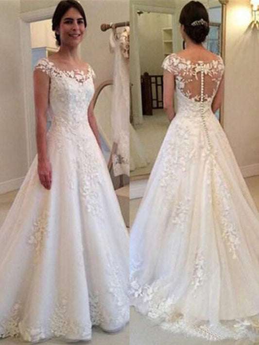 Wholesale A-Line/Princess Scoop Sleeveless Sweep/Brush Train Lace Tulle Wedding Dresses