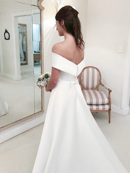 Wholesale A-Line/Princess Off-the-Shoulder Sleeveless Sweep/Brush Train Ruffles Satin Wedding Dresses