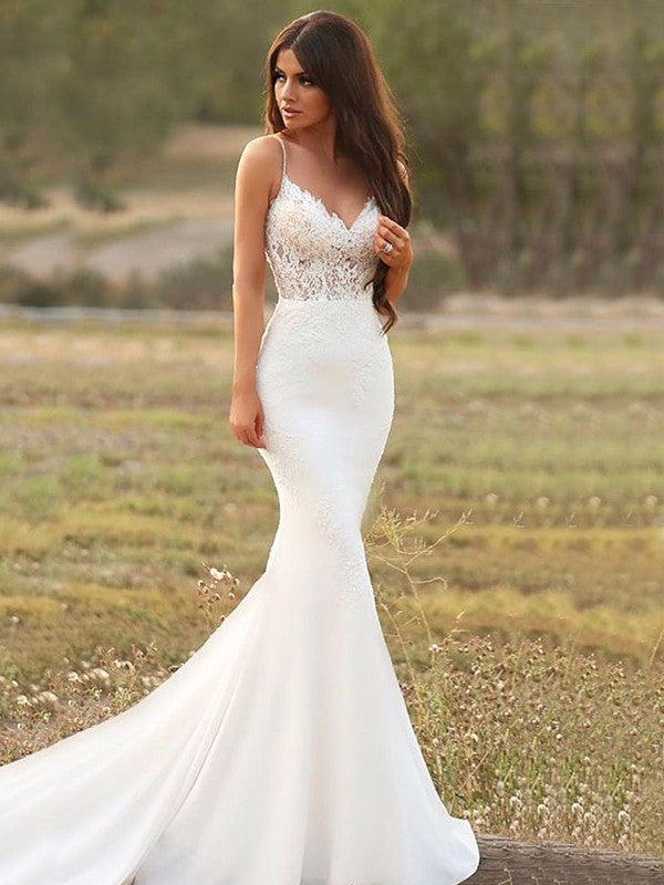 Wholesale Trumpet/Mermaid Stretch Crepe Applique Spaghetti Straps Sleeveless Court Train Wedding Dresses