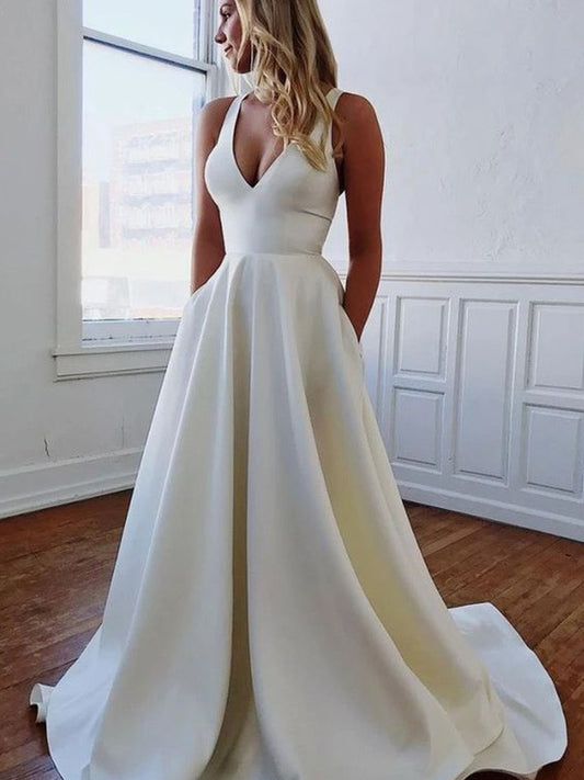 Wholesale A-Line/Princess V-neck Stretch Crepe Ruffles Sleeveless Sweep/Brush Train Wedding Dresses