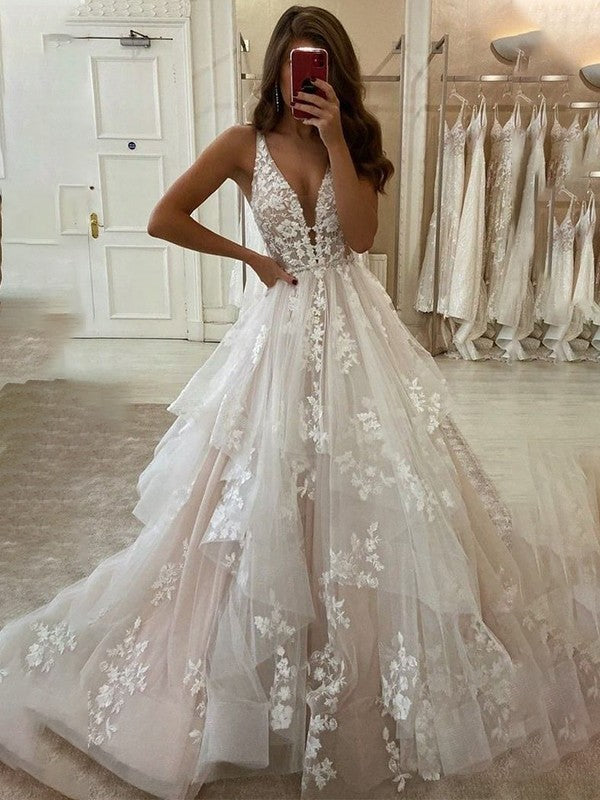 Wholesale A-Line/Princess Tulle V-neck Sleeveless Applique Floor-Length Wedding Dresses