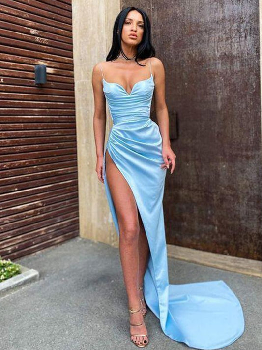 Wholesale Sheath/Column Satin Spaghetti Straps Sleeveless Ruched Sweep/Brush Train Dresses