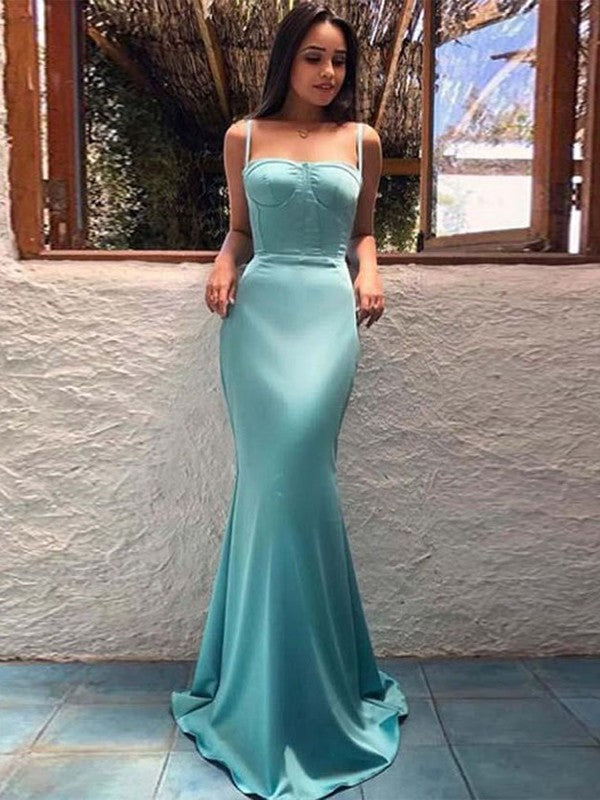 Wholesale Sheath/Column Sleeveless Satin Spaghetti Straps Ruffles Floor-Length Dresses