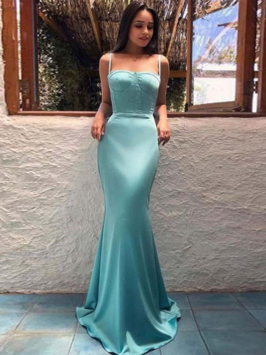 Wholesale Sheath/Column Sleeveless Satin Spaghetti Straps Ruffles Floor-Length Dresses