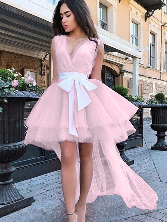 Wholesale A-Line/Princess Tulle Sash/Ribbon/Belt V-neck Sleeveless Short/Mini Dresses