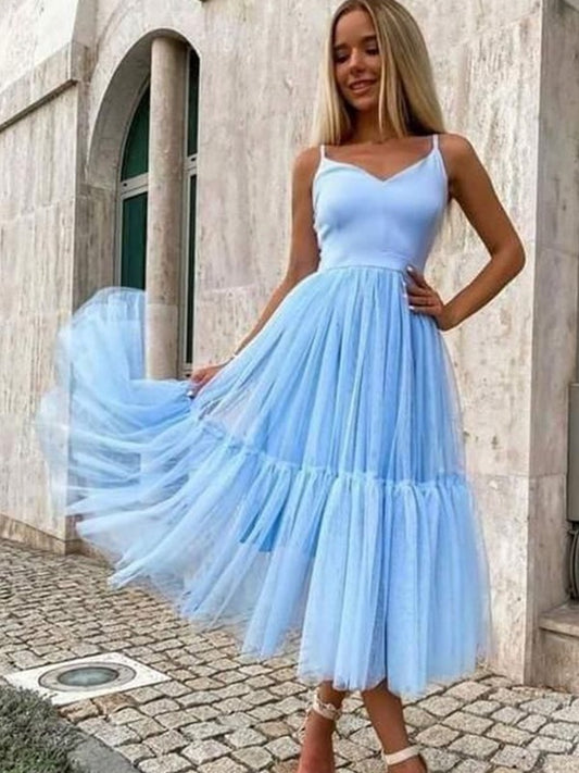 Wholesale A-Line/Princess Tulle Ruffles V-neck Sleeveless Tea-Length Dresses