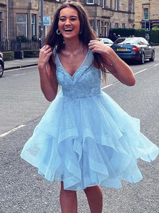 Wholesale A-Line/Princess Tulle Ruffles V-neck Sleeveless Short/Mini Dresses