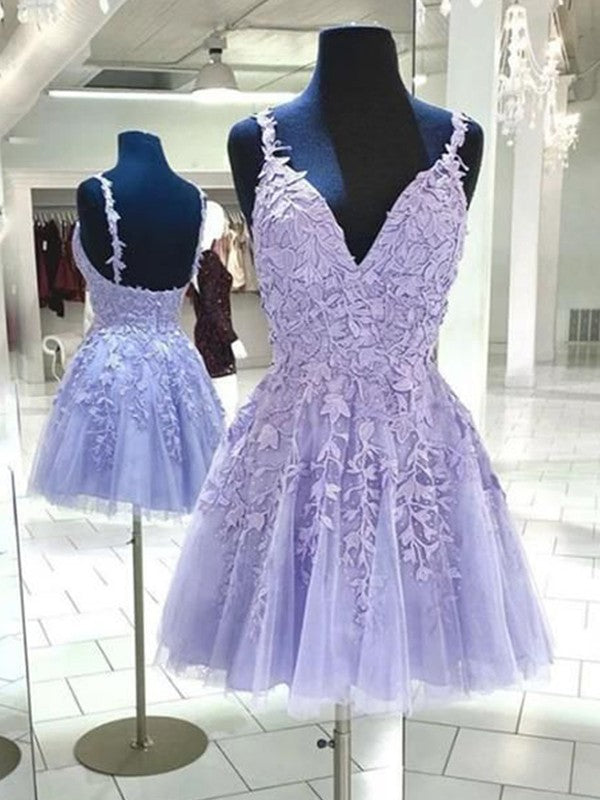 Wholesale A-Line/Princess Tulle Applique V-neck Sleeveless Short/Mini Dresses