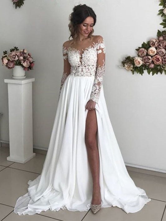 Wholesale A-Line/Princess Chiffon Applique Scoop Long Sleeves Sweep/Brush Train Wedding Dresses