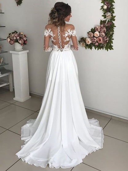 Wholesale A-Line/Princess Chiffon Applique Scoop Long Sleeves Sweep/Brush Train Wedding Dresses