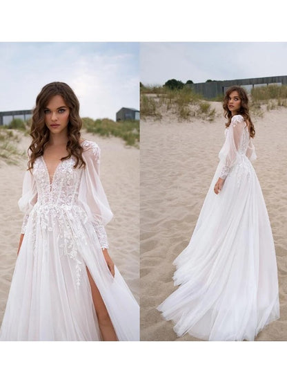 Wholesale A-Line/Princess Lace Applique V-neck Long Sleeves Sweep/Brush Train Wedding Dresses