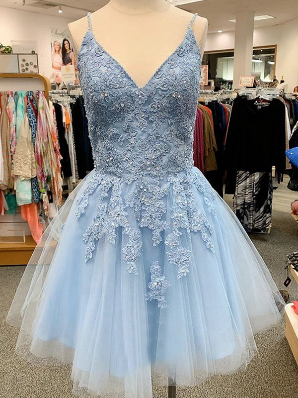 Wholesale A-Line/Princess Tulle Applique V-neck Sleeveless Short/Mini Dresses