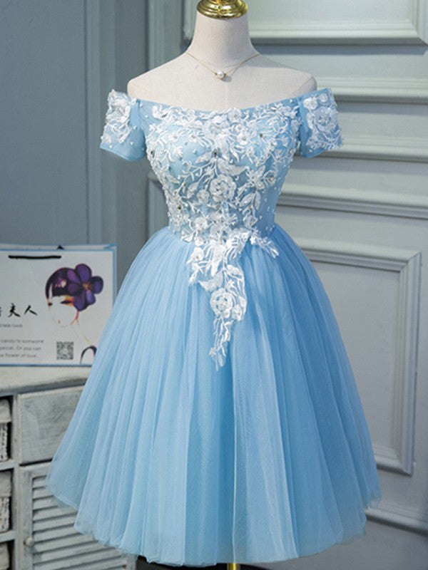 Wholesale A-Line/Princess Tulle Applique Off-the-Shoulder Short Sleeves Knee-Length Dresses