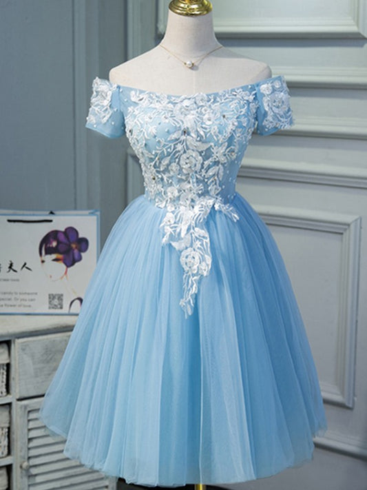 Wholesale A-Line/Princess Tulle Applique Off-the-Shoulder Short Sleeves Knee-Length Dresses