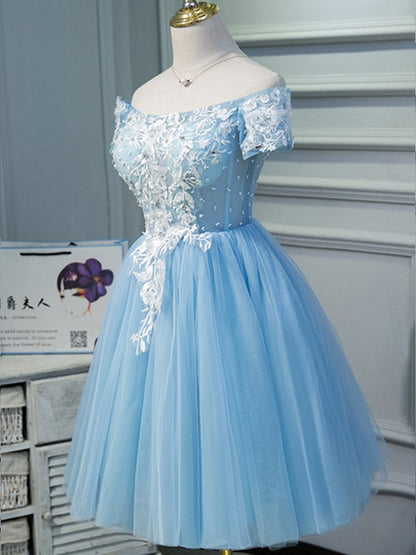 Wholesale A-Line/Princess Tulle Applique Off-the-Shoulder Short Sleeves Knee-Length Dresses