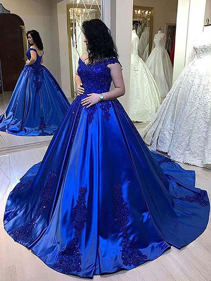 Wholesale Ball Gown Satin Applique Straps Sleeveless Court Train Dresses