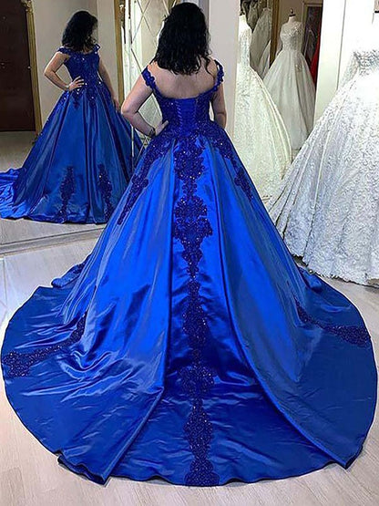 Wholesale Ball Gown Satin Applique Straps Sleeveless Court Train Dresses