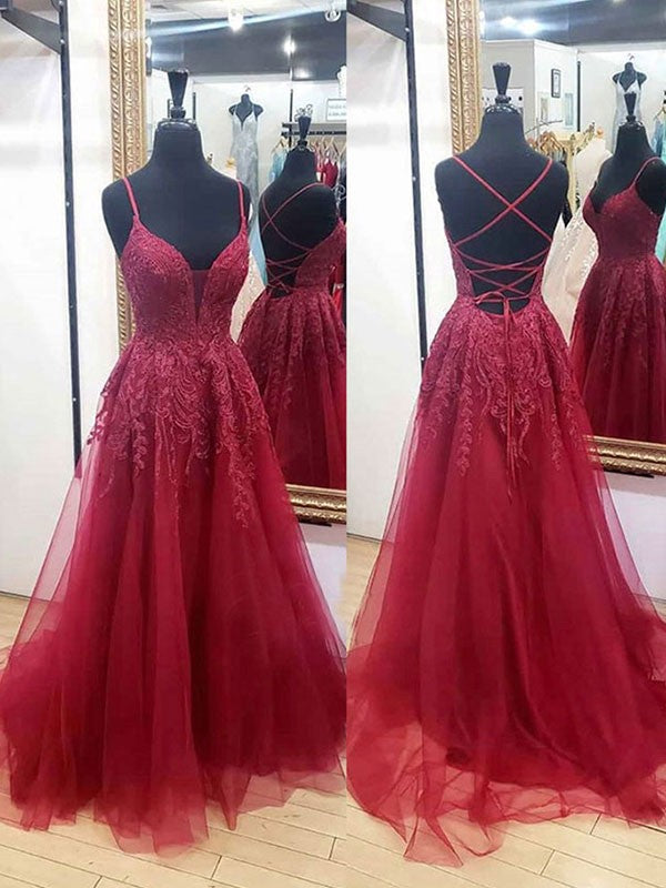 Wholesale A-Line/Princess Tulle Applique V-neck Sleeveless Sweep/Brush Train Dresses