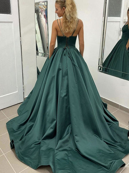 Wholesale Ball Gown Satin Ruffles V-neck Sleeveless Court Train Dresses