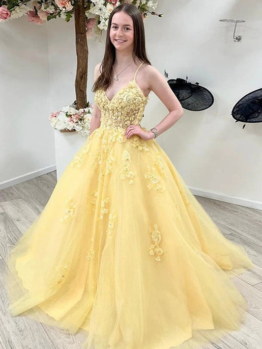 Wholesale Ball Gown Tulle Applique V-neck Sleeveless Sweep/Brush Train Dresses