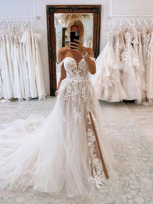 Wholesale A-Line/Princess Tulle Applique Off-the-Shoulder Sleeveless Chapel Train Wedding Dresses