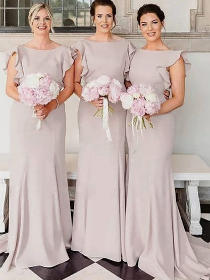 Wholesale Sheath/Column Stretch Crepe Ruched Bateau Sleeveless Court Train Bridesmaid Dresses