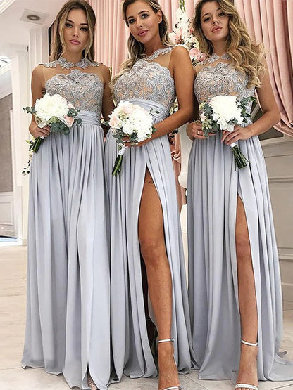 Wholesale A-Line/Princess Silk like Satin Ruched Scoop Sleeveless Floor-Length Bridesmaid Dresses