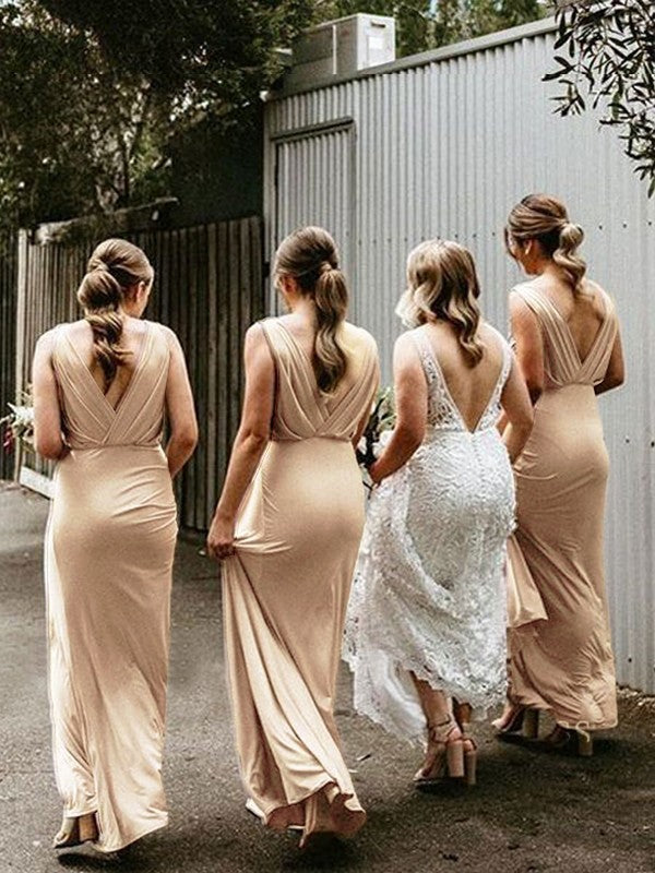 Wholesale Sheath/Column Jersey Ruched V-neck Sleeveless Floor-Length Bridesmaid Dresses