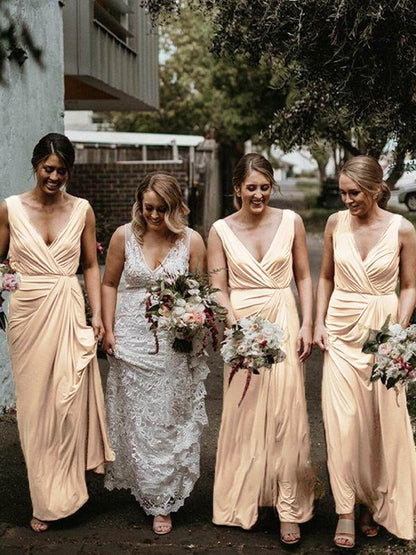 Wholesale Sheath/Column Jersey Ruched V-neck Sleeveless Floor-Length Bridesmaid Dresses