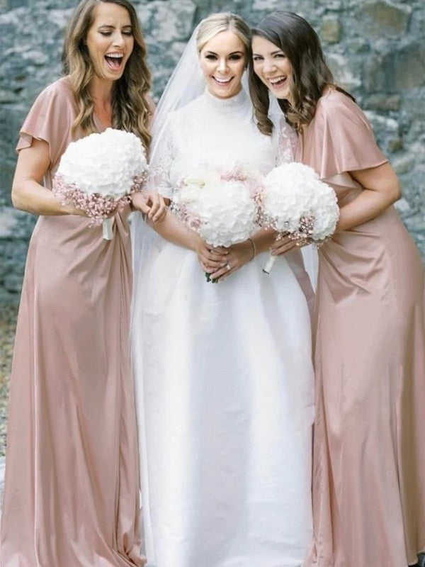 Wholesale Sheath/Column Silk like Satin Ruched V-neck Short Sleeves Floor-Length Bridesmaid Dresses