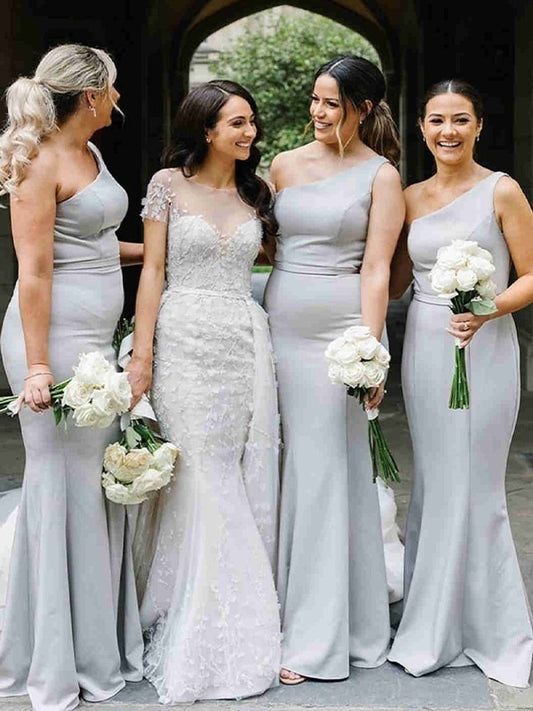 Wholesale Trumpet/Mermaid Stretch Crepe Ruched One-Shoulder Sleeveless Floor-Length Bridesmaid Dresses