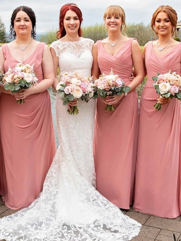 Wholesale Sheath/Column Chiffon Ruched V-neck Sleeveless Floor-Length Bridesmaid Dresses