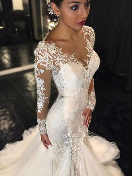 Wholesale Trumpet/Mermaid V-neck Long Sleeves Lace Court Train Tulle Wedding Dresses