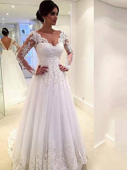 Wholesale Ball Gown V-neck Long Sleeves Lace Court Train Tulle Wedding Dresses