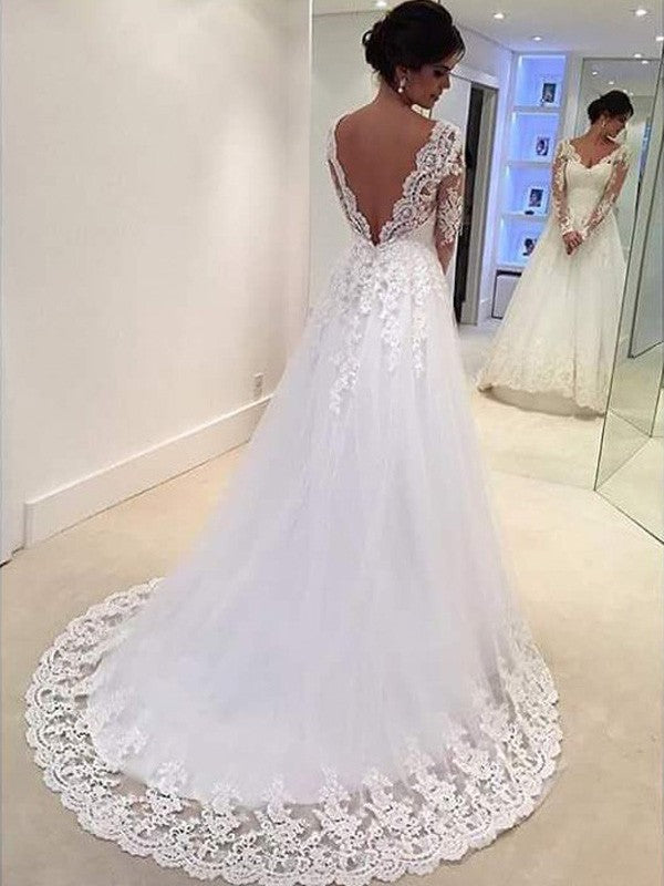 Wholesale Ball Gown V-neck Long Sleeves Lace Court Train Tulle Wedding Dresses