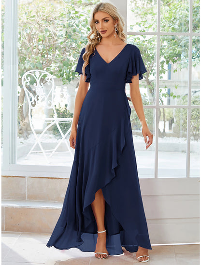 Wholesale A-Line Wedding Guest Dresses Casual Dress Party Wear Wedding Party Asymmetrical Short Sleeve V Neck Bridesmaid Dress Chiffon with Ruffles