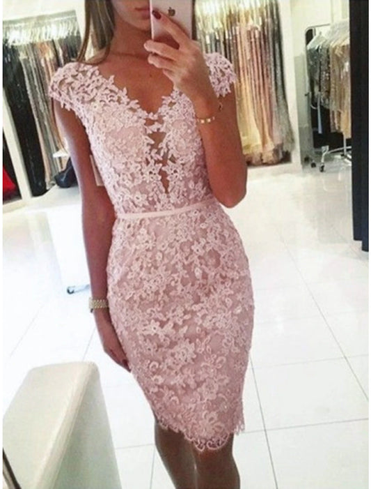 Wholesale Sheath Party Dress Homecoming Dresses Floral Dress Holiday Graduation Short / Mini Sleeveless V Neck Pink Dress Lace with Appliques