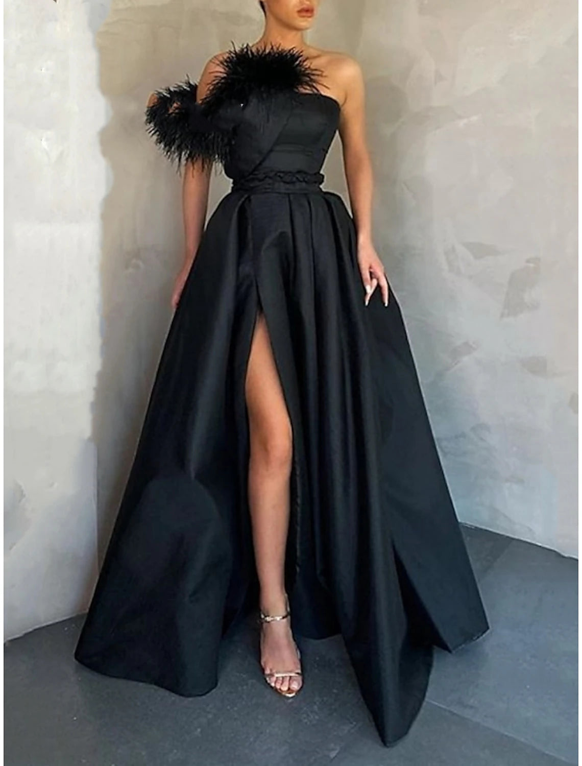 Wholesale A-Line Evening Gown High Split Dress Formal Floor Length Sleeveless One Shoulder Satin with Feather Slit