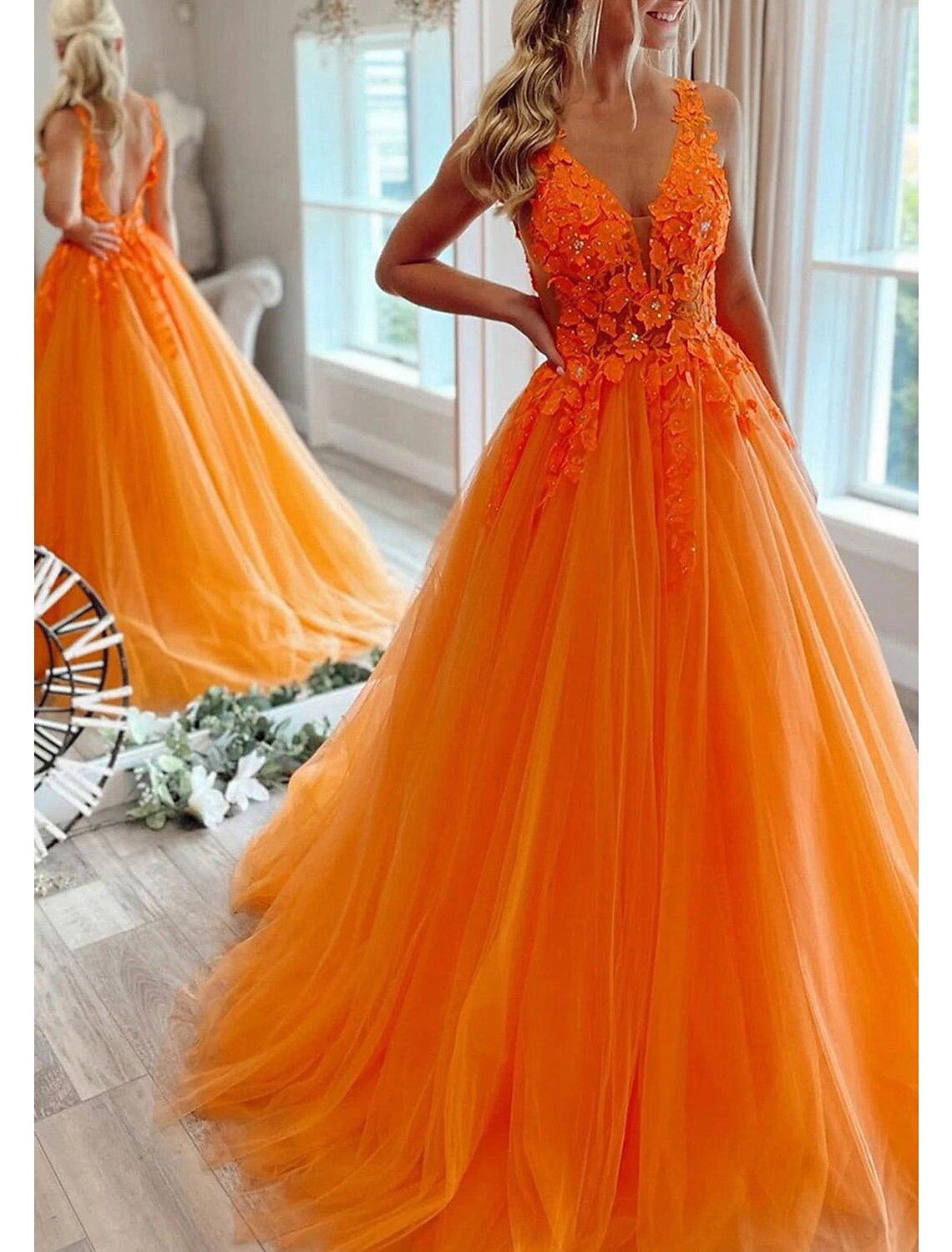 Wholesale A-Line Prom Dresses Open Back Dress Formal Wedding Guest Floor Length Sleeveless V Neck Tulle Backless with Pleats Beading Appliques