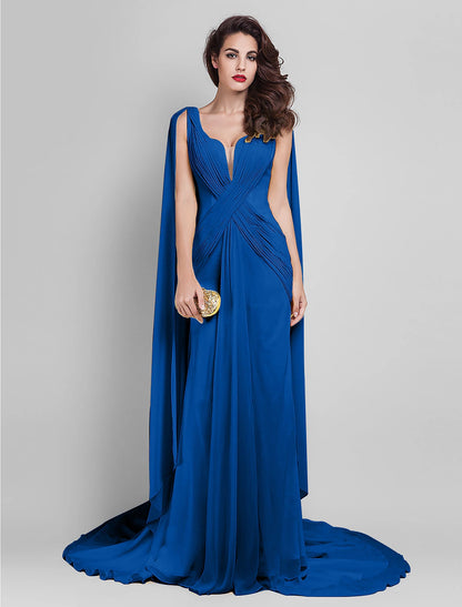 Wholesale Sheath / Column Elegant Dress Wedding Guest Prom Court Train Sleeveless Plunging Neck Georgette V Back with Criss Cross Side Draping