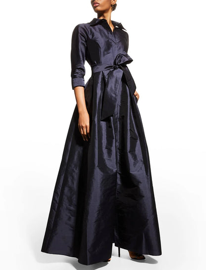 Wholesale A-Line Evening Gown Elegant Dress Wedding Guest Floor Length 3/4 Length Sleeve Shirt Collar Pocket Taffeta with Pocket Strappy