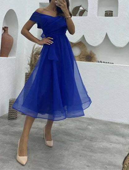 Wholesale A-Line Cocktail Dresses 1950s Dress Wedding Guest Birthday Tea Length Sleeveless Off Shoulder Belt / Sash Organza with Ruched