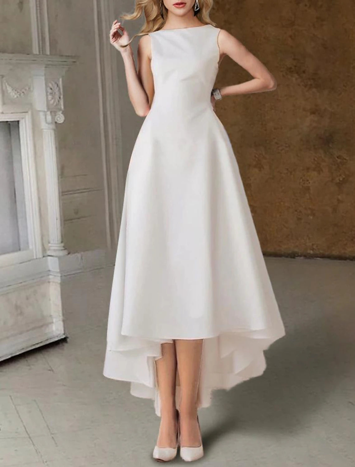 Wholesale Hall Little White Dresses Wedding Dresses A-Line Scoop Neck Sleeveless Tea Length Satin Bridal Gowns With Pleats