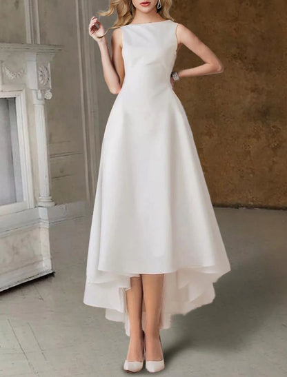 Wholesale Hall Little White Dresses Wedding Dresses A-Line Scoop Neck Sleeveless Tea Length Satin Bridal Gowns With Pleats