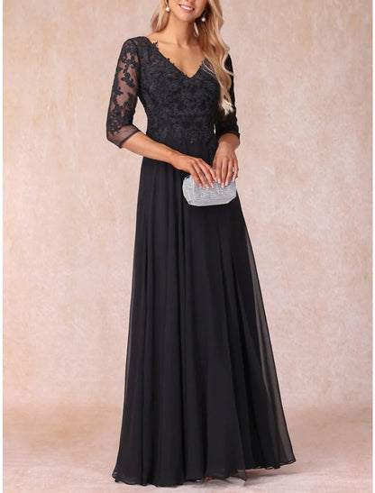 Wholesale A-Line Mother of the Bride Dress Wedding Guest Elegant V Neck Floor Length Chiffon Lace 3/4 Length Sleeve with Ruching Solid Color