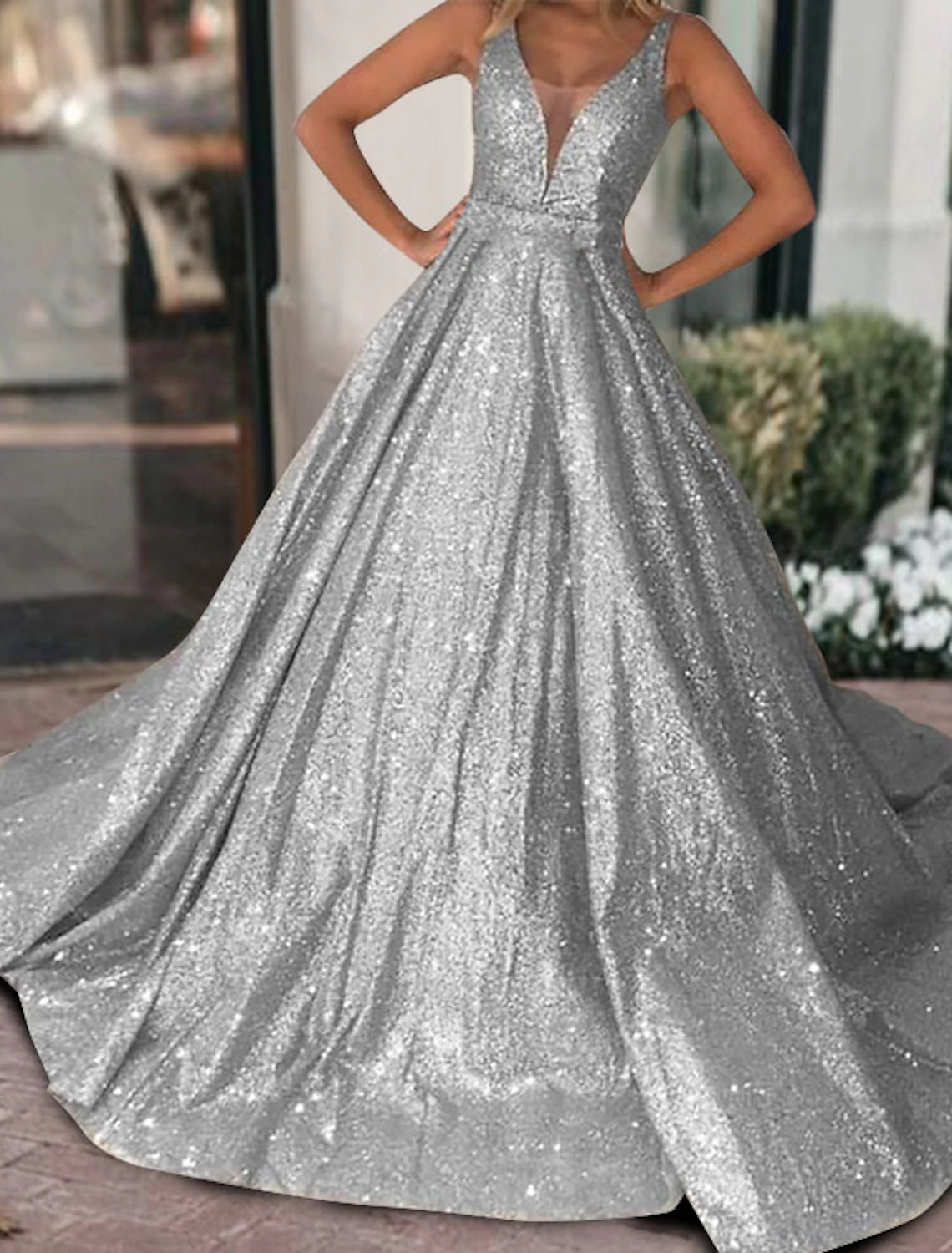 Wholesale Ball Gown Glitter Prom Dresses Luxurious Tulle Sparkly Dress For Wedding Party Quinceanera Sweep / Brush Train Sleeveless V Neck Tulle V Back with Sequin