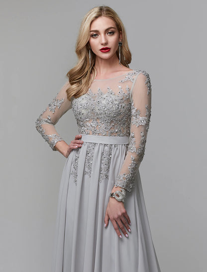 Wholesale A-Line Luxurious Engagement Formal Evening Dress Illusion Neck V Back Low Back Long Sleeve Chapel Train Chiffon with Sequin Appliques