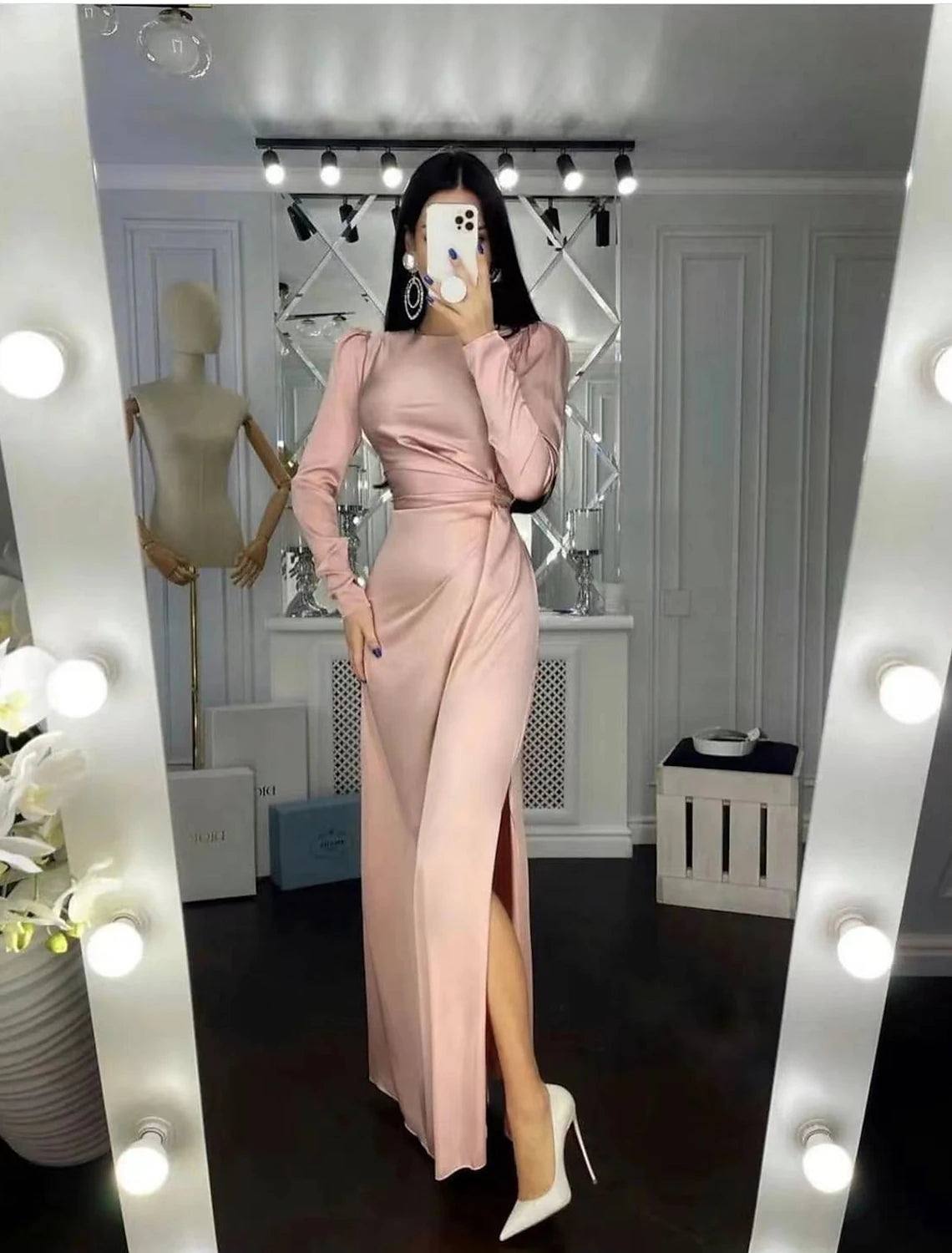 Wholesale Sheath / Column Evening Gown Elegant Dress Wedding Guest Fall Floor Length Long Sleeve High Neck Bridesmaid Dress Satin with Ruched